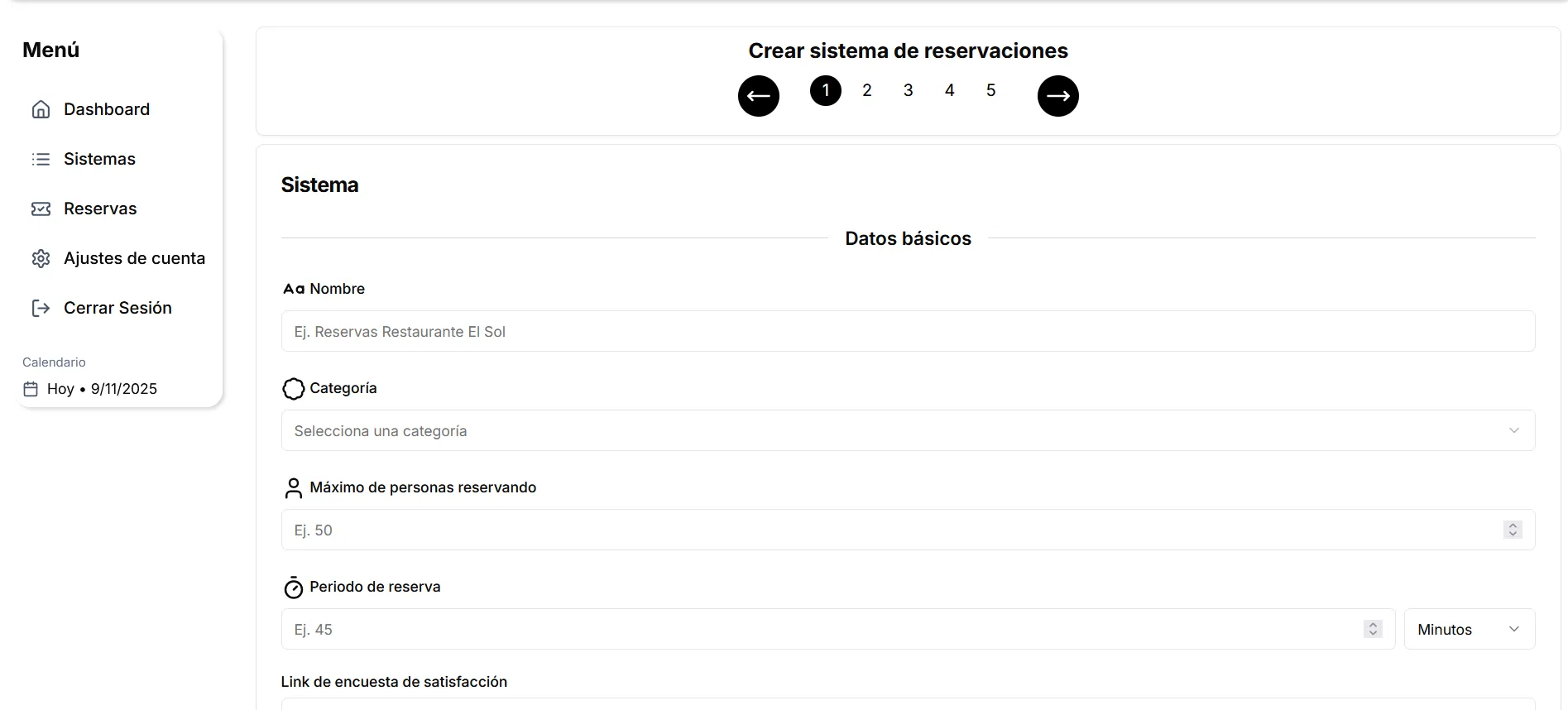 Interfaz del panel de creación de sistemas de reservas