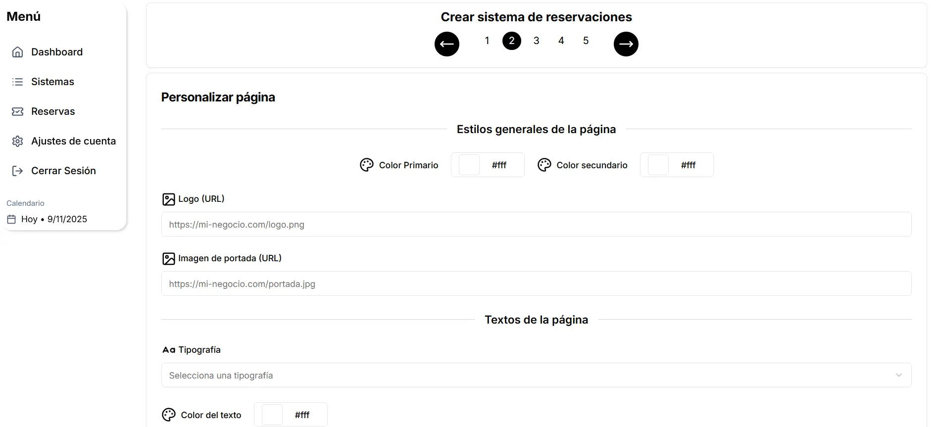 Interfaz del panel de creación de la página web de reservas