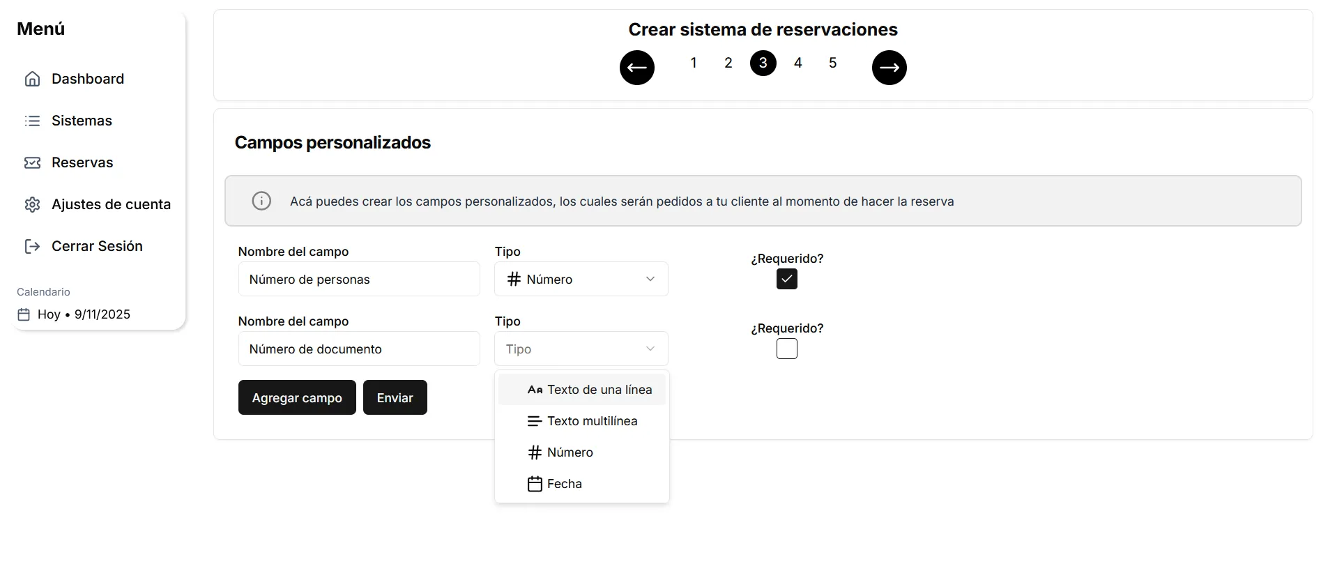 Interfaz del panel de creación de la campos personalizados para las reservas