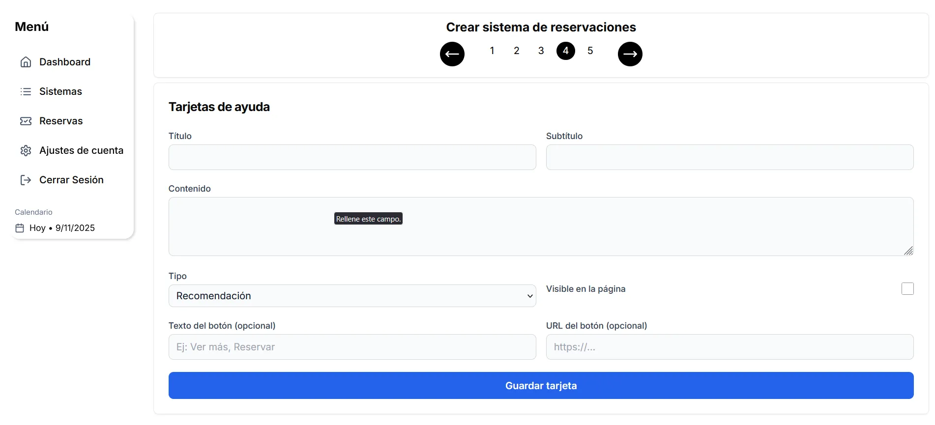Interfaz del panel de creación de las tarjetas de ayuda para la página web