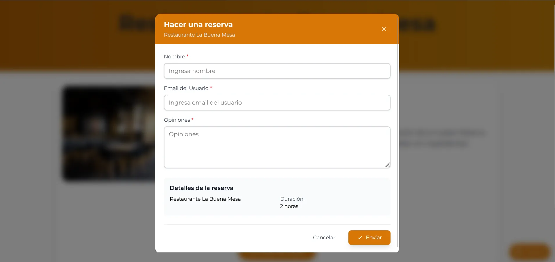 Ejemplo de formulario de reserva